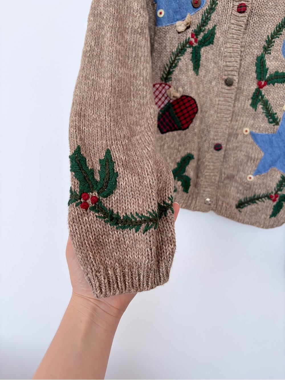 Vintage Cotton Knit Christmas Sweater Patchwork Unique Medium Button Cardigan - Picture 6 of 7